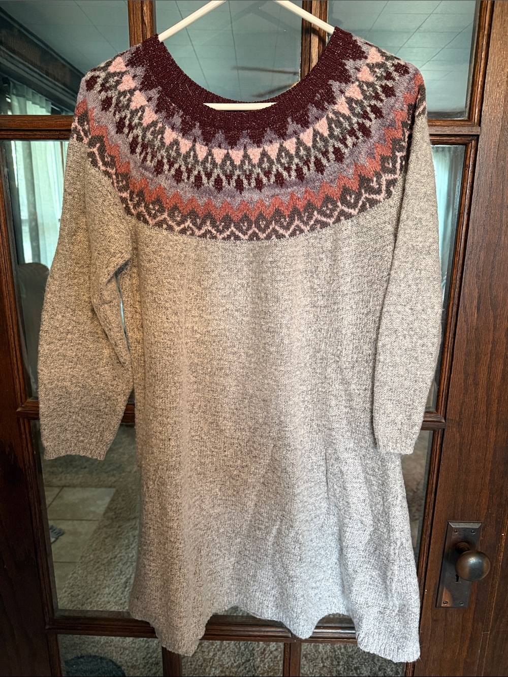Maurices Fair Isle Yoke Knit Long Sleeve Dress in Gray and Berry